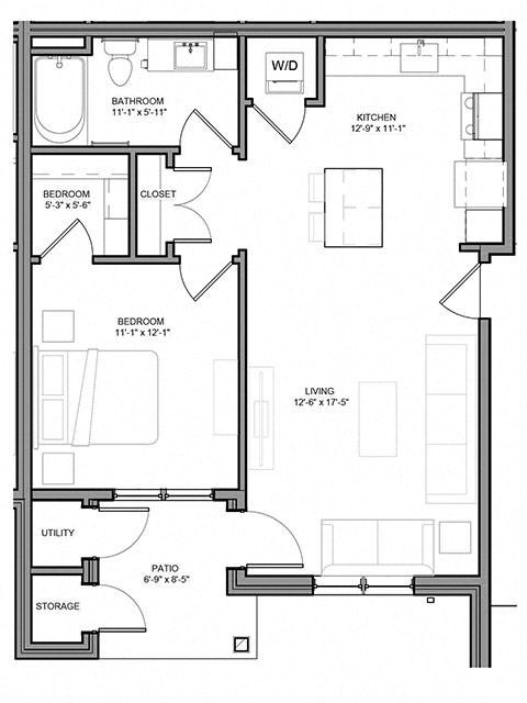 Floor plan for 1 bed, 1 bath, 702 sqft